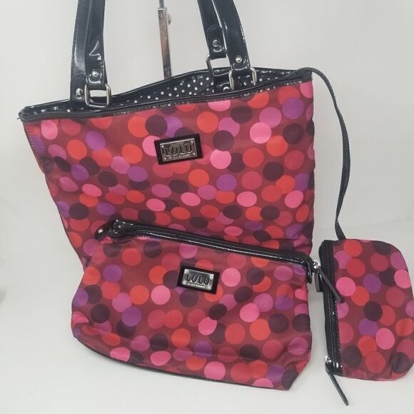 Beautiful three piece nylon LULU BY LILU GUINNESS TOTE BAG. PURPLE PINK. - Picture 6 of 16
